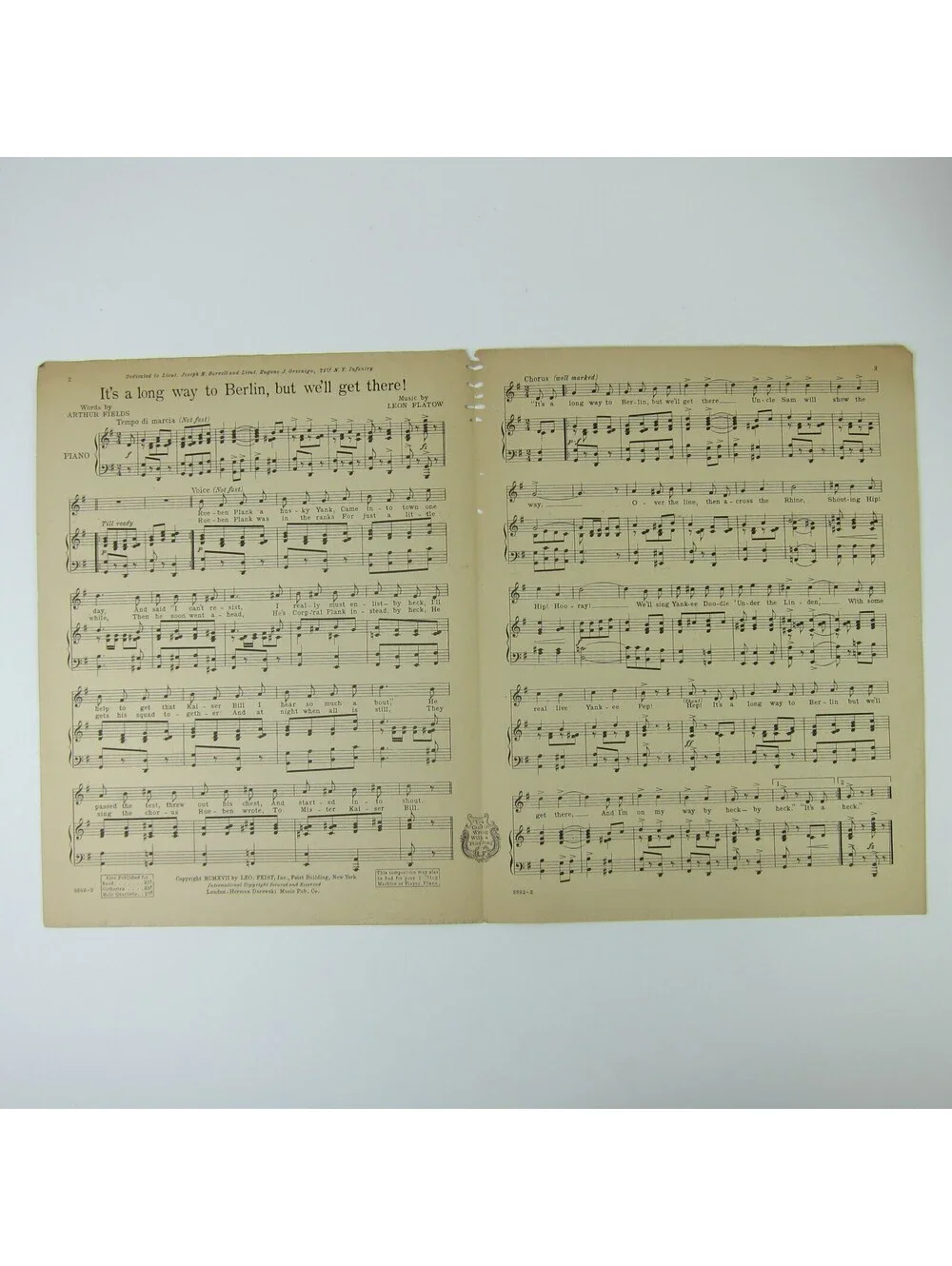 Sheet Music It's A Long Way To Berlin But We'll Get There WWI War Antique 1917